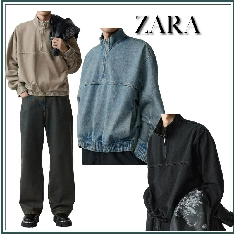 ZARA  |Denim Long Sleeves Plain Sweatshirts